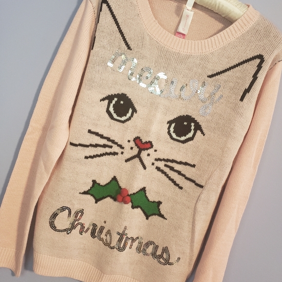 No Boundaries Sweaters - Light Pink Meowy Christmas No Boundaries Christmas Sweater